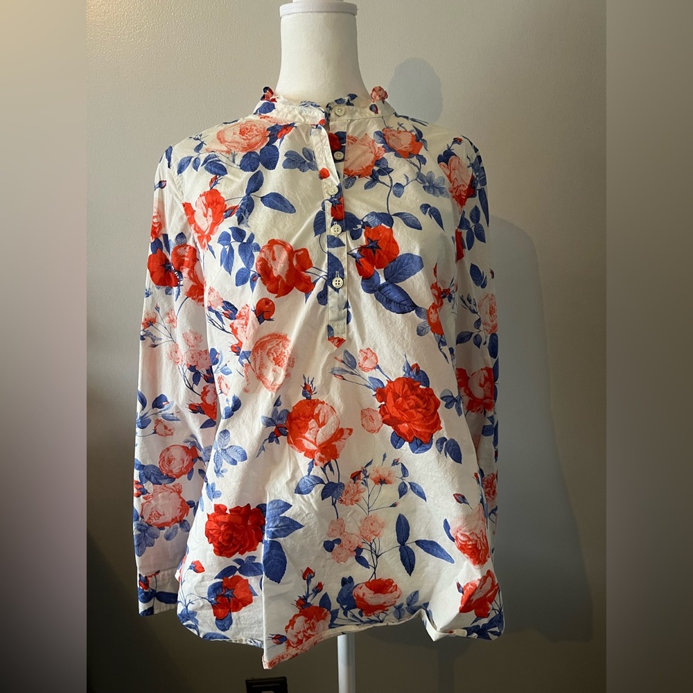 Talbots Floral Ruffle Cotton Shirt Red, White, and Blue